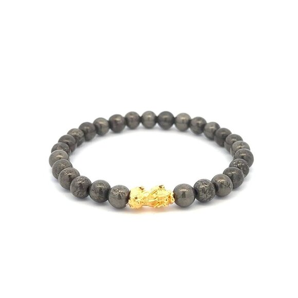RAFANTHIA Jewelry - 18K Gold Pixiu Piyao Bracelet Elastic Natural Gemstones Pyrite 6mm